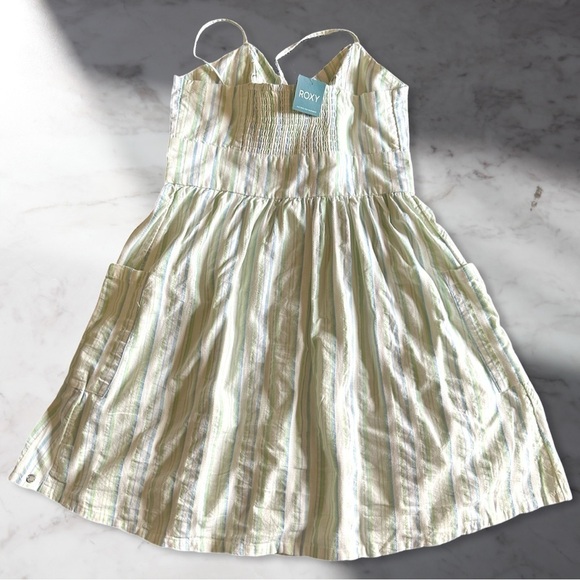 Roxy Button Front Stripes Dress In White/Green/Blue Size L - Picture 6 of 8